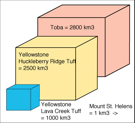 A volumetric comparison of the relative size of the Mount Toba eruption and other more recent eruptions.