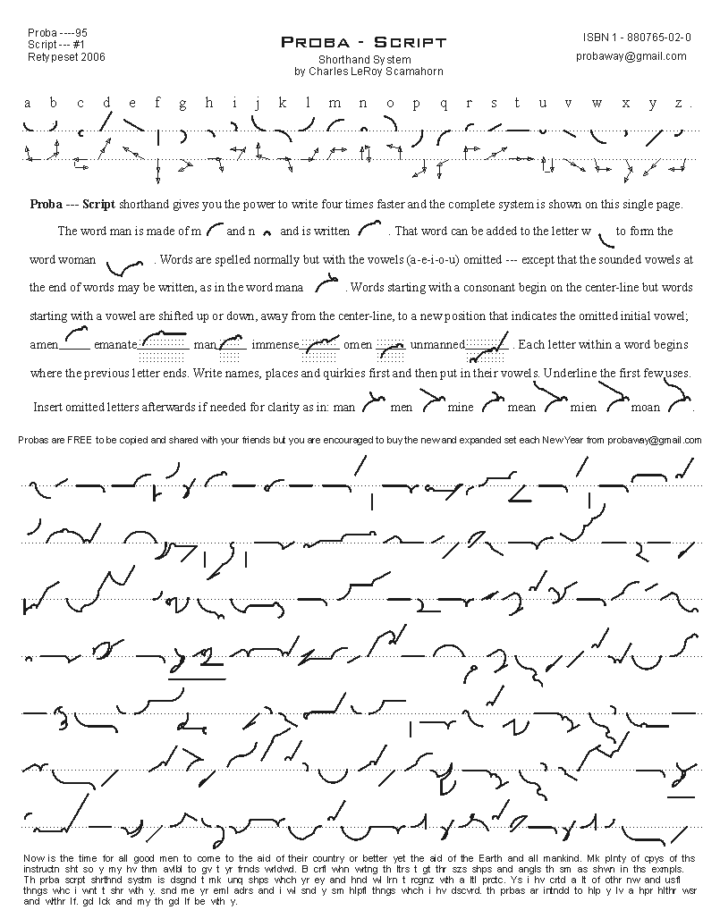 A picture of the complete Probaway-Script shorthand system.